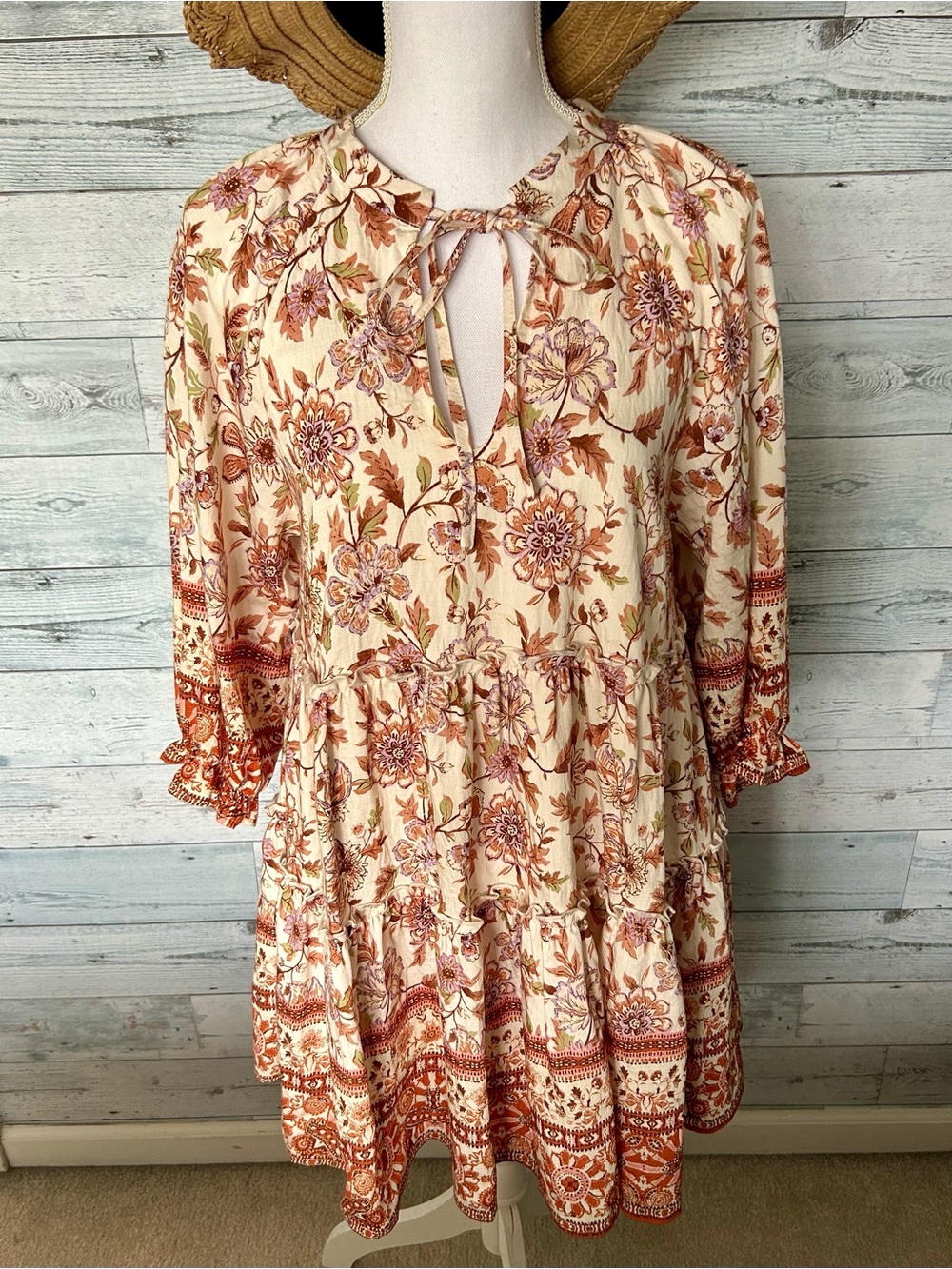 Boho Floral Tiered Mini Dress in Cream and Rust